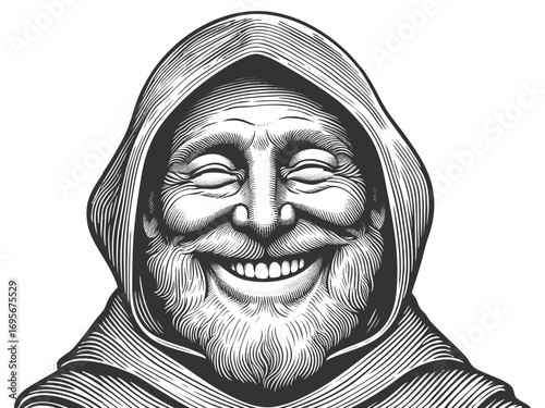 cheerful monk wearing a robe with a cross, symbolizing joy, faith, and medieval tradition sketch engraving generative ai fictional character vector illustration. Scratch board. Black and white image.