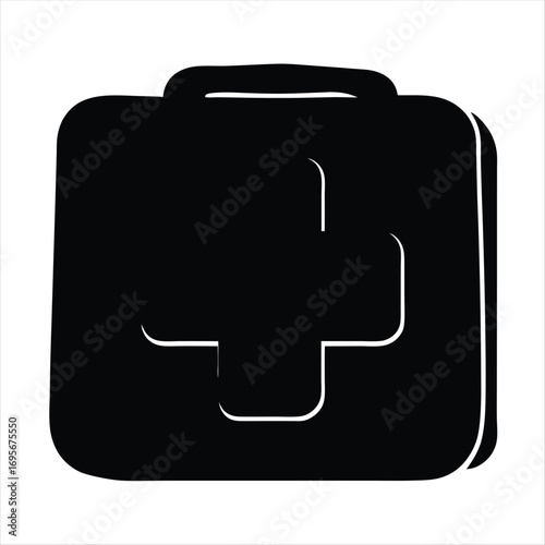 Icon of black first aid kit in silhouette with white cross