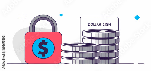 Illustration depicting financial security, featuring a red padlock with a dollar sign and a stack of gray coins on a white background.