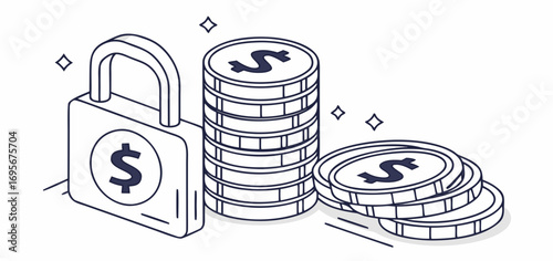 Isometric illustration of a padlock and stacks of coins symbolizing secure online banking and financial asset protection.