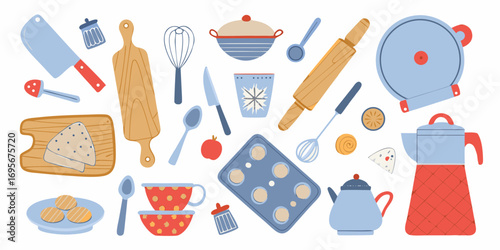 A charming collection of baking and kitchen utensils and ingredients in a flat illustrative style