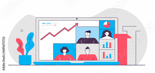 Laptop screen displays a video conference with four participants and charts showing upward trend.  Simple, minimalist style.