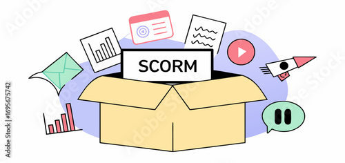 A pastel-colored illustration shows various learning materials inside a box. It includes documents, videos, and charts, representing eLearning course content.