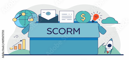 Illustration of a blue box containing icons representing documents, money, an idea bulb, and a rocket.  Other icons include a graph and a globe, suggesting e-learning and business concepts.