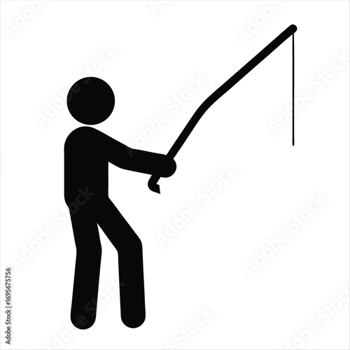 Stylized silhouette of a person fishing with a rod on white background