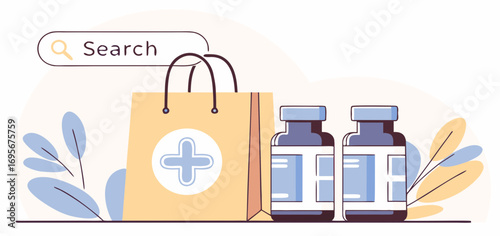 Online pharmacy concept illustration featuring a shopping bag with a medical cross, supplement bottles, and a search bar. Pastel color palette with minimalist style.