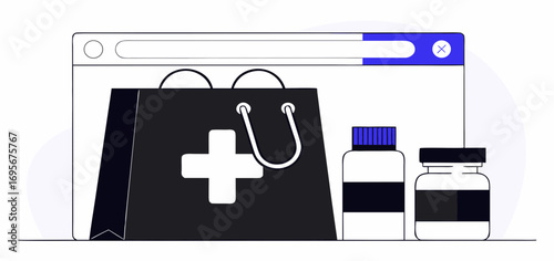 Illustration of online pharmacy shopping: A black shopping bag with a white medical cross, accompanied by supplement bottles, is displayed on a website interface.
