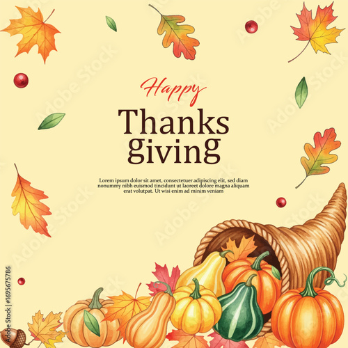 Watercolor, festive background with autumn leaves, sunflowers, pumpkins, ripe fruits and pumpkin pie