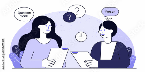Two people sitting at a table discussing questions and answers with a clock in the background