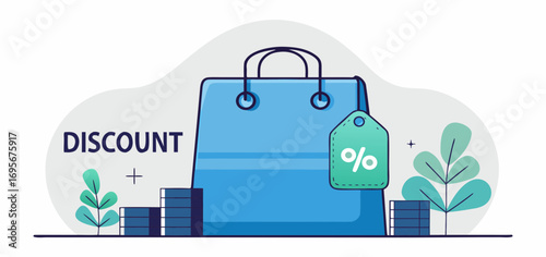 Blue shopping bag with a percentage discount tag, minimalist illustration style, light gray background, small plants, and dark-blue gift boxes.