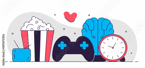 Flat style illustration depicting gaming leisure time, featuring popcorn, a gamepad, a brain, and a clock.  Bright colors and minimalist design.
