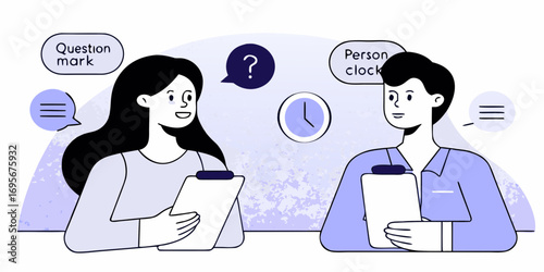 Two people discussing with question marks and a clock indicating a time sensitive conversation