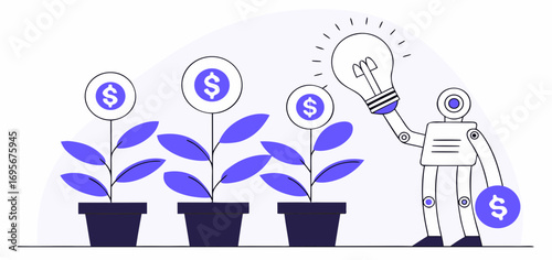 Personified lightbulb nurturing dollar-sign plants, symbolizing financial growth and innovation.  Simple line art style with purple accents against a white background.