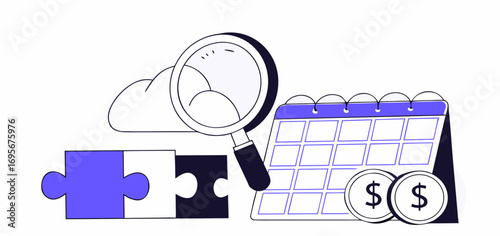 Abstract illustration featuring purple puzzle pieces, a magnifying glass, a calendar, and coins.  Represents planning, problem-solving, or financial strategy.