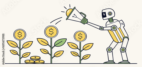 Robot using megaphone to nurture growing money plants. Simple line art style, yellow and green color scheme, white background.