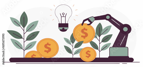 A robotic arm places coins among growing plants, symbolizing automated investment and financial growth. A lightbulb represents innovative ideas fueling the process.