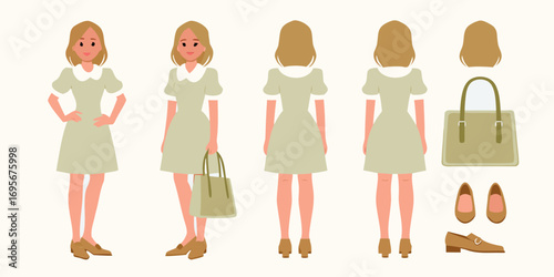 Woman character design showing front and back views with accessories and clothing options