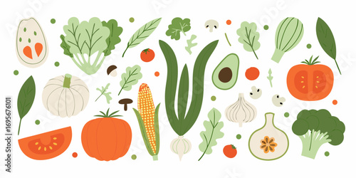 A vibrant collection of fresh vegetables and produce arranged in a playful and colorful pattern