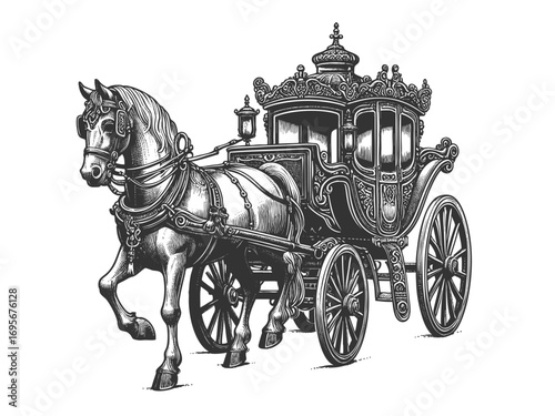 horse-drawn carriage with decorative details, symbolizing royalty, tradition, and historical travel sketch engraving generative ai vector illustration. Scratch board imitation. Black and white image.