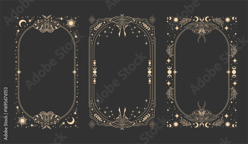 Magical esoteric frame, mystical linear decoration with moth, moon, stars isolated on gray background. Vector illustration. 