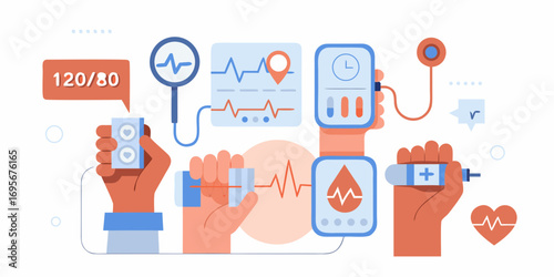 Illustration of medical devices and hands monitoring vital signs and blood pressure for healthcare concept