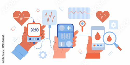 Hands holding medical devices showing heart rate blood pressure and blood drop icons with medical charts and graphs
