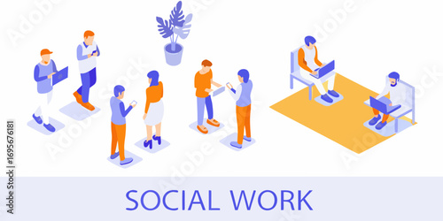Diverse group of people interacting and using technology in a modern office setting