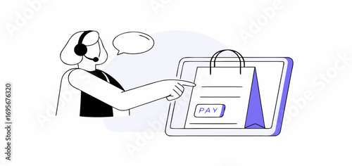 Customer service agent with headset assists online shopper, handing over a purple shopping bag. Simple line art illustration with light purple background.