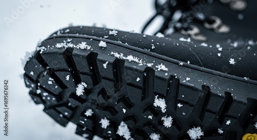Black boot sole covered in snow revealing intricate tread patterns