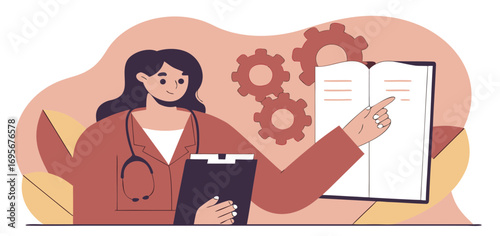 Illustration of a female doctor in a red coat reviewing a medical chart, with gears in the background.  The image uses a flat design style.