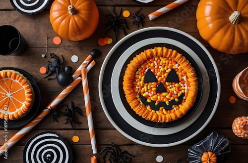 Flat lay Halloween party background with candies, cookies, pumpkins, and festive decorations on rustic wooden table
