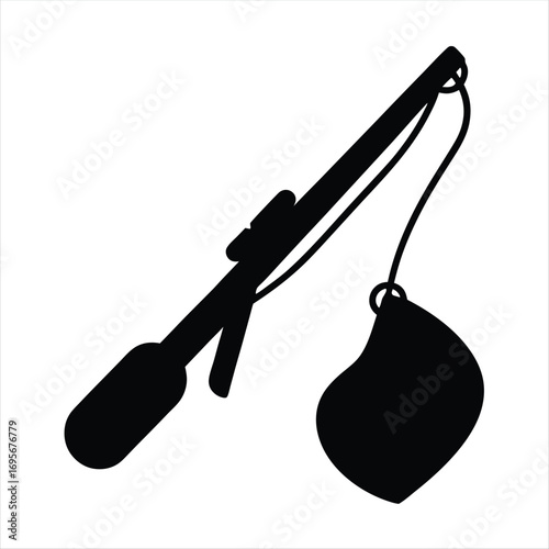 Simple black silhouette of a fishing rod with bobber and line