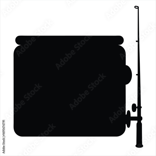 Black silhouette illustration of a fishing rod with an oldfashioned tackle box