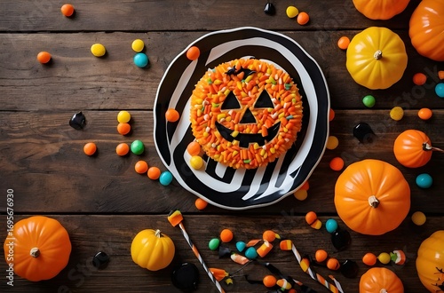 Flat lay Halloween party background with candies, cookies, pumpkins, and festive decorations on rustic wooden table