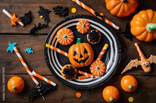 Flat lay Halloween party background with candies, cookies, pumpkins, and festive decorations on rustic wooden table
