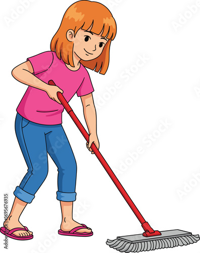 Girl cleaning floor with mop, cartoon character illustration, housekeeping concept, kid doing chores, home hygiene, child helping at home.