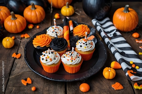 Flat lay Halloween party background with candies, cookies, pumpkins, and festive decorations on rustic wooden table