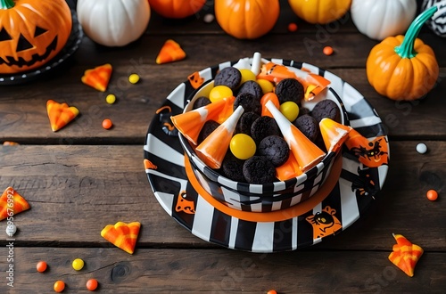 Flat lay Halloween party background with candies, cookies, pumpkins, and festive decorations on rustic wooden table