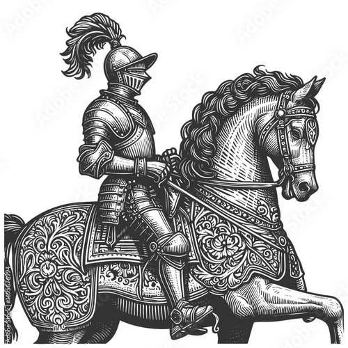 medieval knight in full armor on a decorated horse, symbolizing chivalry, honor, and history sketch engraving generative ai fictional character vector illustration. Scratch board. Black and white.