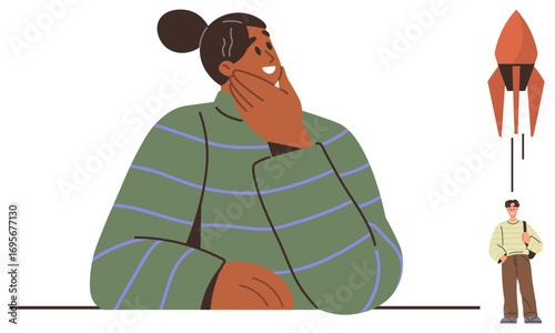 Thoughtful person resting chin on hand, looking upwards, alongside a symbolic rocket. Ideal for ambition, innovation, growth, goals, success problem-solving career inspiration. Minimalist flat