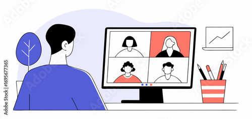Simple illustration of a person participating in a video conference on their desktop computer. Multiple participants are visible on the screen.  Clean lines and minimalist design.