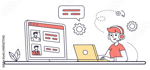 Illustration of a person wearing a headset using a laptop, interacting with a website interface. Clean lines, flat style design.