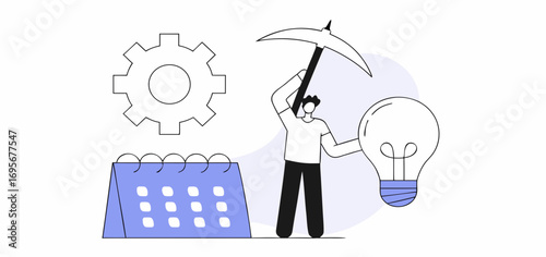 Simple illustration of a person using a wrench to turn a light bulb, representing an idea.  Gears and a grid background suggest innovation and technology.