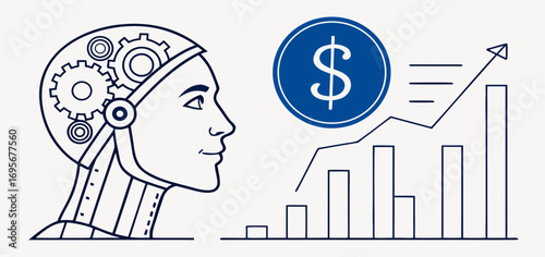 Line art illustration of a robotic head with gears inside, alongside a bar graph showing financial growth.  Blue and white color scheme.