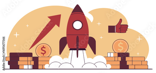 Pixel art illustration of a red rocket launching, symbolizing growth and financial success.  Gold coins and a thumbs-up gesture enhance the positive message.