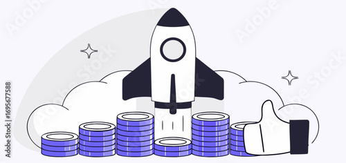 Illustration depicts a rocket launching from a stack of coins, symbolizing financial growth and business success. A hand gives a thumbs-up in the background.