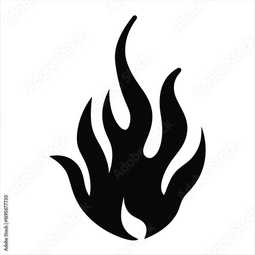 Bold black flames rise on a white background in a stylized graphic