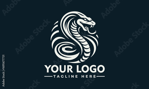 A stylized white cobra snake logo design, coiled within a circular frame, with text.