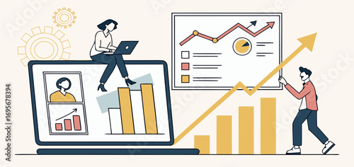 Illustration showing people working with data charts and graphs, symbolizing business growth and collaboration. Clean and modern design.