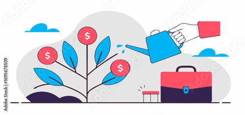 Hand watering a money plant growing from briefcase, symbolizing investment growth.  Blue watering can, red coins, and a light gray background.